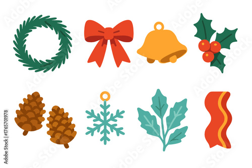 Festive Wreath Icons. Wreath Decorations flat icons: pine wreath, red bow, golden bells, holly berries, pinecones, snowflake charm, frosted leaves, festive ribbon.