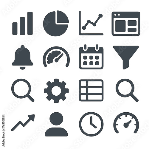 UI Design Icons. Bar chart, pie chart, line graph, dashboard, notification bell, speedometer, calendar, filter, search, settings gear, data table