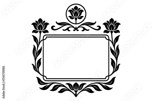 Symmetrical ornamental frame with stylized lotus flowers and decorative swirling foliage border