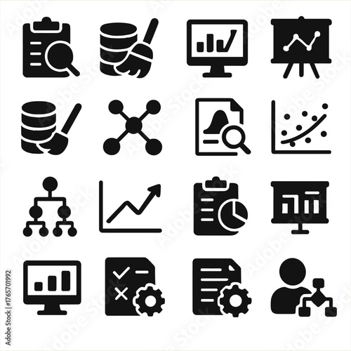 Data Process Icons. Data statistics processes icons in silhouette. Data collection, data cleaning, data analysis, data modeling, data mining