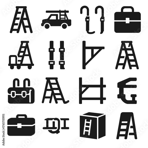 Ladder Transport Icons. Ladder storage and transport icons in silhouette. Folded ladder, ladder rack on truck, ladder hooks, ladder bag, ladder cart