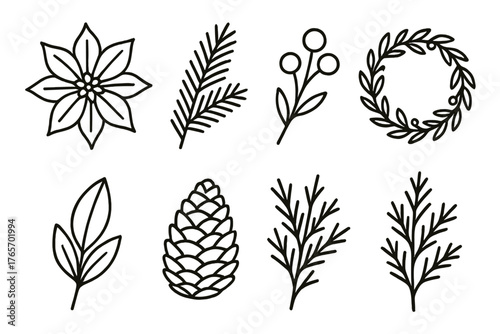 Holiday Botanical Icons. Holiday Botanicals outline set: poinsettia flower, fir branch, pine needles, red berries, evergreen wreath, laurel leaf, pinecone, juniper twig.