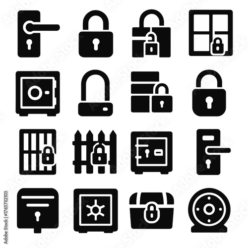 Silhouette Lock Icons. Lock environment and locations icons in silhouette. Door lock, locker lock, gate lock, window lock, safe deposit box, bike