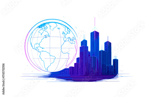 Futuristic neon cityscape skyline next to a wireframe globe symbolizing global technology