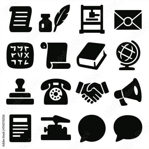 Communication Icons Collection. Writing and communication icons in silhouette. Parchment, ink bottle, quill, printing press, letter seal, cuneiform