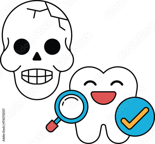 A skull and a tooth are drawn in black and white