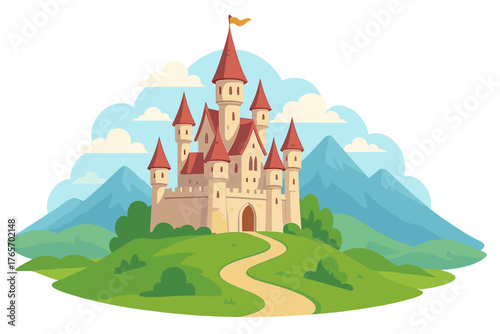 Majestic fairytale castle with red roofs and towers on a green hill, path leading up, blue mountains and sky