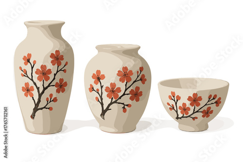 Traditional Japanese ceramic vases and bowl with red cherry blossom design