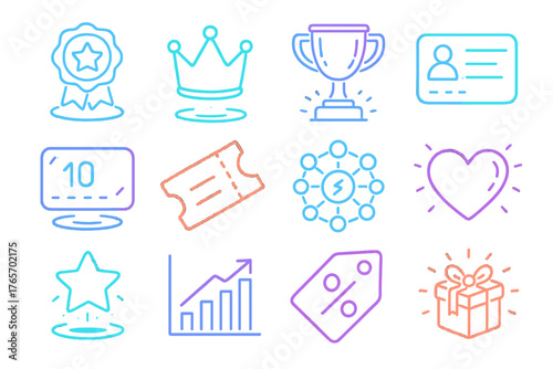 Futuristic Loyalty Icons. Futuristic Online Loyalty linear set: holographic badge, glowing crown, neon trophy, digital membership card, cyber points tracker, luminous ticket, AI