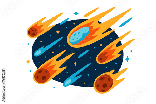 Fiery comets and meteors flying through dark space surrounded by bright stars and cosmic dust