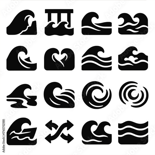 Wave Interaction Icons. Water Wave Interactions icons in silhouette. Wave hitting rock, wave under pier, wave meeting sand, split wave, wave bouncing
