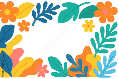 Colorful abstract floral border frame with tropical leaves and bright summer flowers surrounding white copy space
