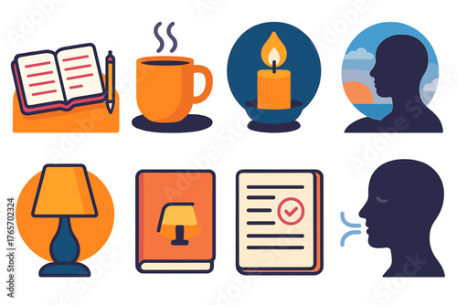 Mindful New Year Icons. New Year Inner Reflection flat icons: notebook on table, warm mug, glowing candle, tranquil sky, peaceful silhouette, soft lamp, journal page, mindful