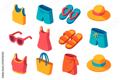 Summer Wardrobe Icons. Summer Clothing flat icons: tank top, shorts, flip-flops, sun hat, sunglasses, beach dress, sandals, swim trunks, crop top, tote bag, sarong, straw hat.,