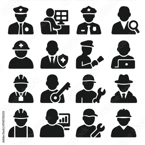 Security Roles Silhouettes. Intrusion detection personnel and roles icons in silhouette. Security guard, control room operator, cyber analyst, police