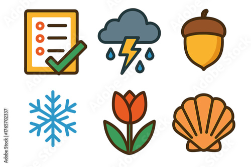 Seasonal Icons Display. Seasonal Guessing flat icons: quiz sheet, storm cloud, acorn, frost crystal, tulip, ocean shell.