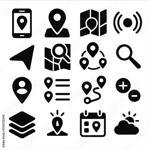 Geolocation Icons Collection. Geolocation Apps icons in silhouette. Mobile phone pin, check-in icon, search map, live position dot, navigation