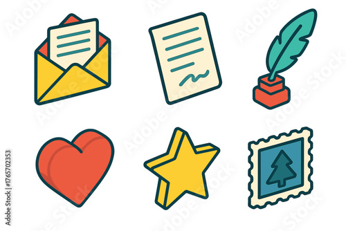 Christmas Letter Icons. Christmas Letter flat icons: open envelope, handwritten note, quill pen, heart, star, stamp.