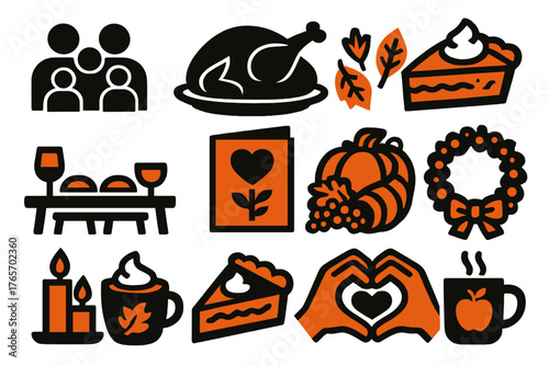 Bold Thanksgiving Icons. Thanksgiving Celebration silhouette set: family gathering, roasted turkey, pumpkin pie, autumn leaves, dinner table, gratitude card, cornucopia, candles,