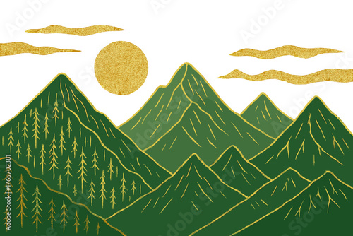 Abstract layered green mountains landscape with shimmering gold foil texture