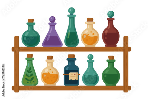 Colorful collection of magic potions and elixirs on a wooden shelf for alchemy