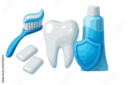 Shiny healthy tooth with toothbrush, toothpaste, protective shield, and chewing gum