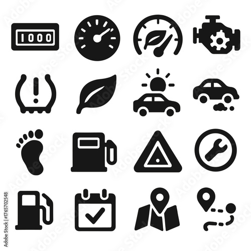 Vehicle Monitoring Icons. Fuel efficiency and monitoring icons in silhouette. Mileage counter, speedometer, fuel economy gauge, engine efficiency