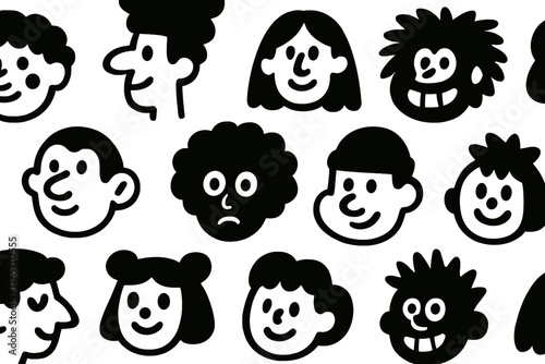 Seamless pattern of diverse cartoon faces showing various emotions and expressions