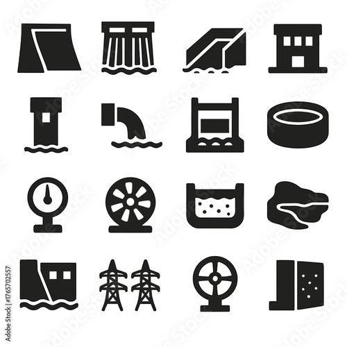 Hydraulic Structure Icons. Hydraulic Structures icons in silhouette. Dam wall, spillway gate, flood channel, control room, intake tower, outflow pipe
