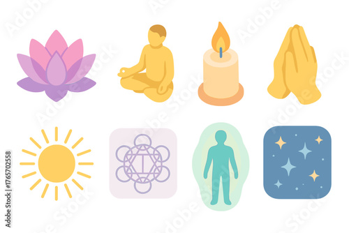 Spiritual Icon Set. Spiritual Guidance flat icons: lotus flower, meditating figure, candle flame, prayer hands, radiant sun, sacred geometry, aura glow, starry sky.