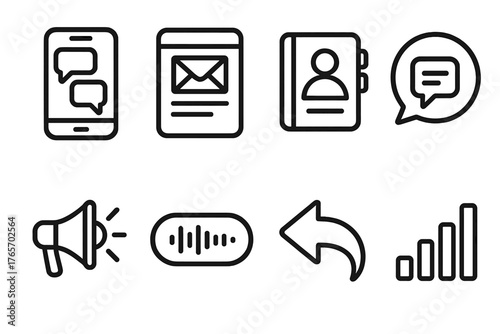 Digital Communication Icons. Communication Design outline set: mobile message app, email interface, contact book, chat circle, broadcast icon, voice message, reply arrow, signal