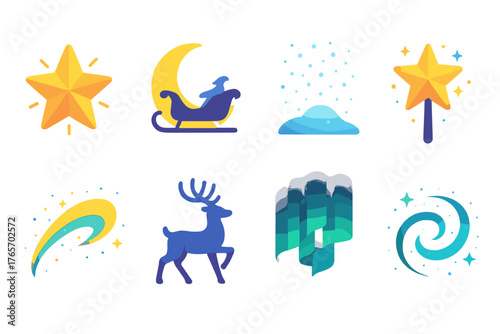 Christmas Enchantment Icons. Christmas Magic — Enchanted night flat icons: glowing star, moonlit sleigh, sparkling snow, magic wand, glitter trail, reindeer silhouette, northern