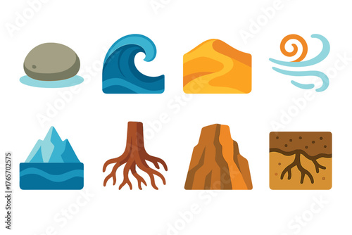 Nature's Erosion Icons. Natural Grinding flat icons: river stone, ocean wave, sand dune, wind swirl, glacier, tree roots, rock cliff, soil erosion.