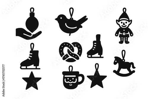 Black silhouette Christmas and winter holiday ornaments including elf, bird, skates, and Santa mug