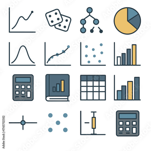 Statistical Tools Visualized. Trend line, dice, probability tree, pie chart, bell curve, regression curve, scatter plot, histogram, calculator