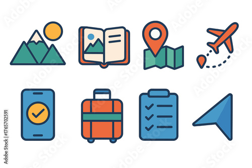 Vibrant Travel Icons. Adventure Planning flat icons: mountain icon, travel journal, map marker, plane route, booking confirmation, travel bag, sightseeing list, navigation arrow.