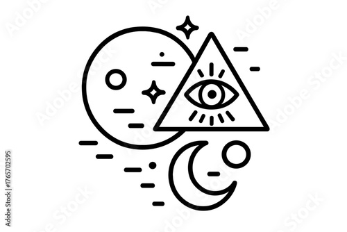 Esoteric symbol of the all-seeing eye in a pyramid with celestial bodies moon and stars