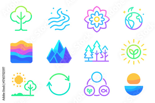 Vibrant Eco Icons. Ecosystem Creative flat icons: neon tree, glowing river, fractal flower, cosmic ecosystem globe, surreal layered landscape, crystal mountain, holographic forest,