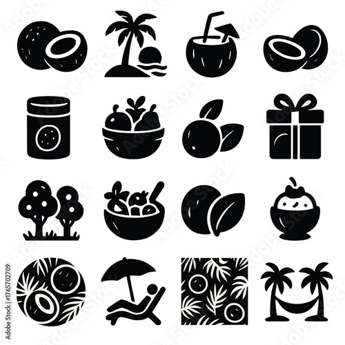 Coconut Icons Set. Coconut symbolism and uses icons in silhouette. Tropical fruit, beach icon, summer drink, coconut shell, eco-friendly product