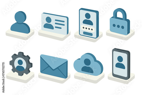 Modern User Account Icons. User Account flat icons: avatar silhouette, ID card, login screen, password lock, profile settings gear, email envelope, cloud account, smartphone.