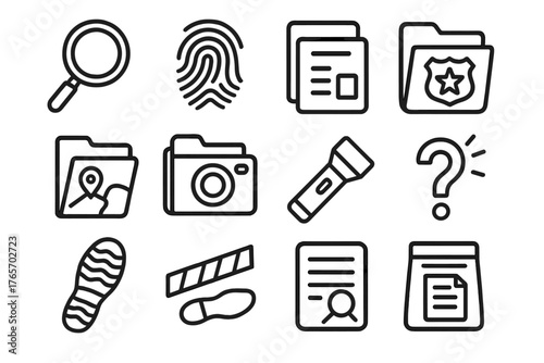 Crime Scene Essentials. Criminal Investigation outline set: magnifying glass, fingerprint, badge, document folder, map, camera, flashlight, footprint, tape line, question mark,