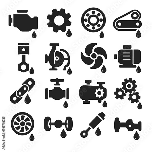 Machinery Icons Collection. Machinery requiring lubrication icons in silhouette. Engine, gear, bearing, conveyor belt, piston, pump, fan, motor