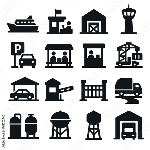 Port Facilities Icons. Port Facilities icons in silhouette. Terminal building, customs office, warehouse, control tower, parking lot, waiting lounge