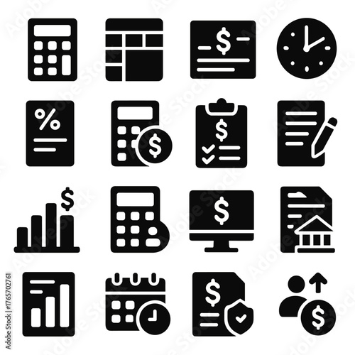 Salary Management Icons. Salary calculation and management icons in silhouette. Calculator, spreadsheet, salary slip, clock for hours worked, tax