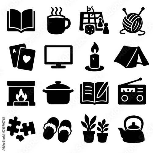 Cozy Indoor Icons. Indoor Activities During Blizzard icons in silhouette. Reading book, hot cocoa mug, board game, knitting, playing cards, watching