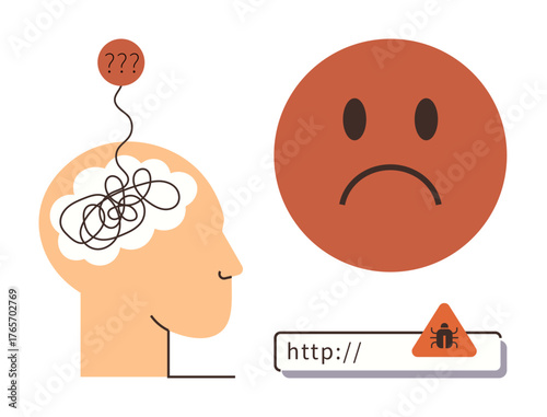 Tangled brain lines, question marks, sad face, malware alert on URL bar. Ideal for tech problems, cybersecurity, mental stress, internet failure, online safety IT issues simple flat metaphor
