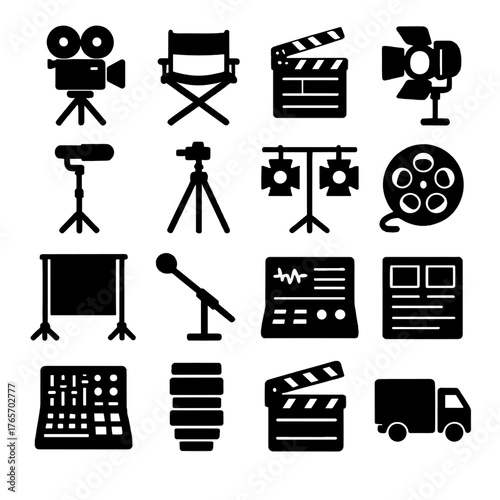 Film Equipment Icons. Movie production equipment icons in silhouette. Film camera, director’s chair, clapperboard, spotlight, microphone boom, camera
