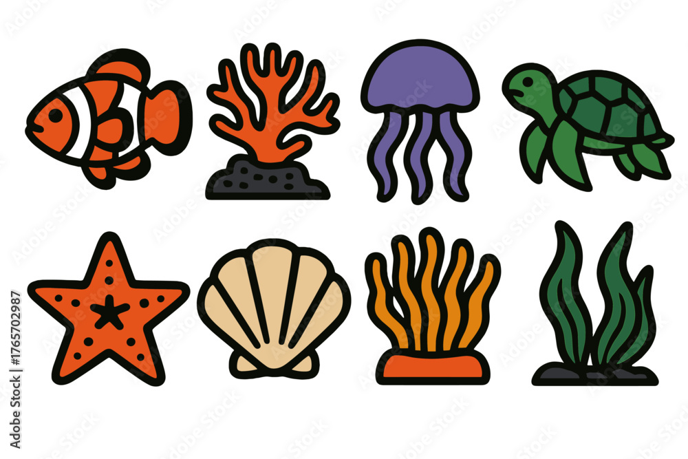 Fototapeta premium Tropical Marine Icons. Tropical Ocean Icons silhouette set: clownfish, coral reef, jellyfish, turtle, sea star, shell, anemone, sea plant.,