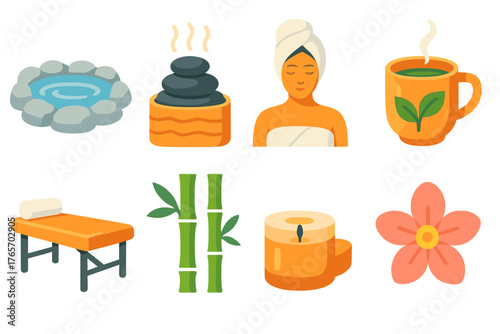 Minimalist Spa Icons. Wellness Geothermal flat icons: hot spring pool, sauna stones, spa candle, towel wrap, herbal tea cup, massage table, bamboo, flower blossom.