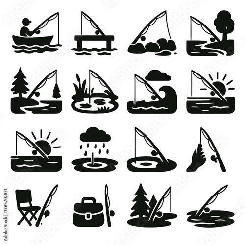 Fishing Rod Icons. Fishing Situations icons in silhouette. Rod on boat, rod on dock, rod on rocks, rod in river, rod in lake, rod in pond, rod in